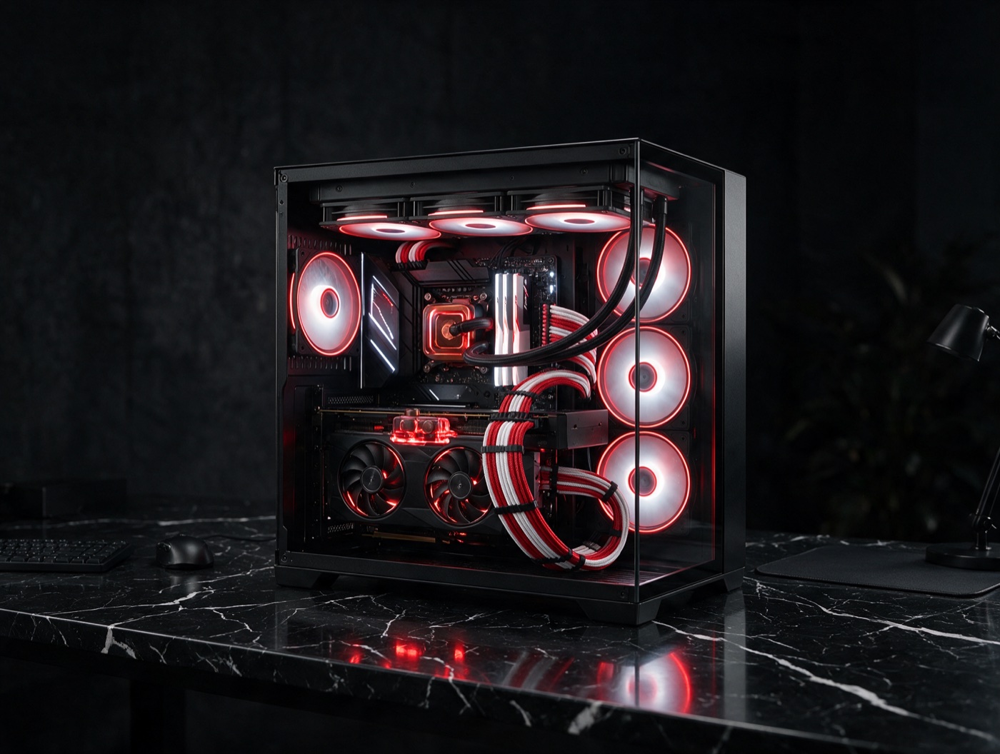 Custom gaming PC with red lighting
