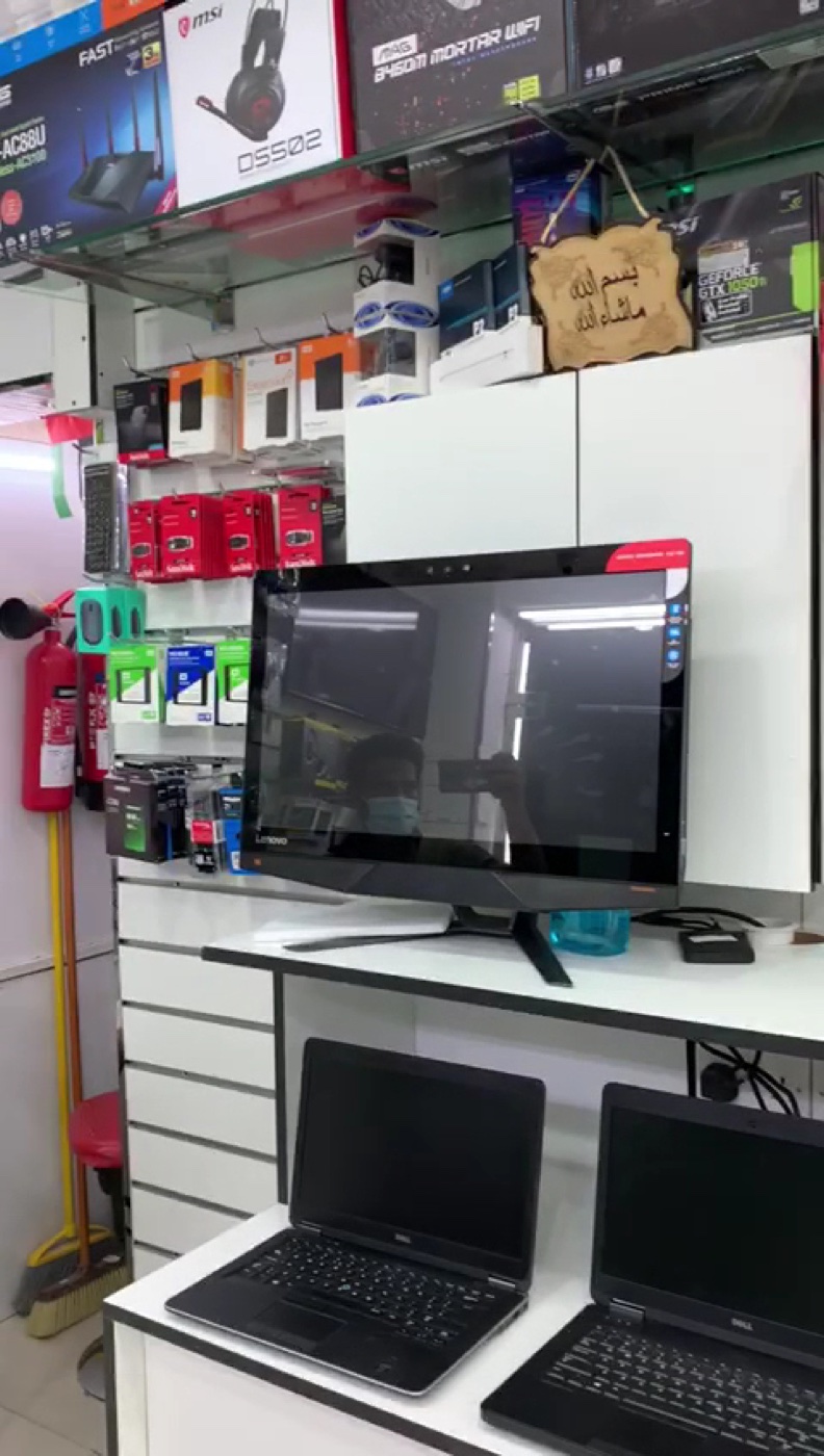 Monitors and accessories on the shelves